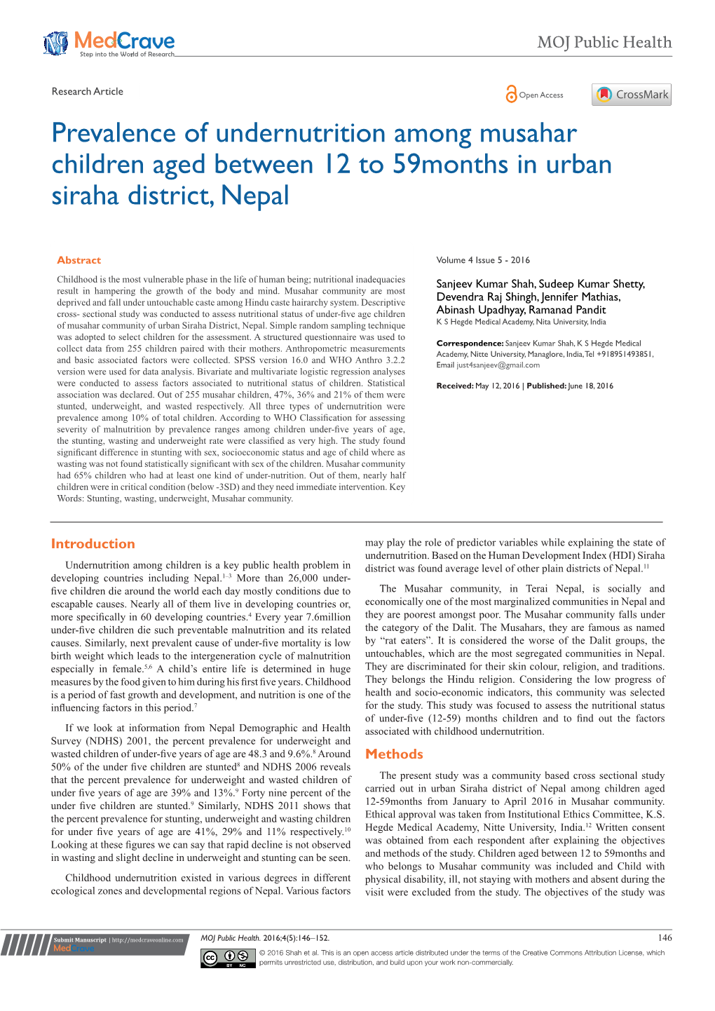 Prevalence of Undernutrition Among Musahar Children Aged Between 12 to 59Months in Urban Siraha District, Nepal