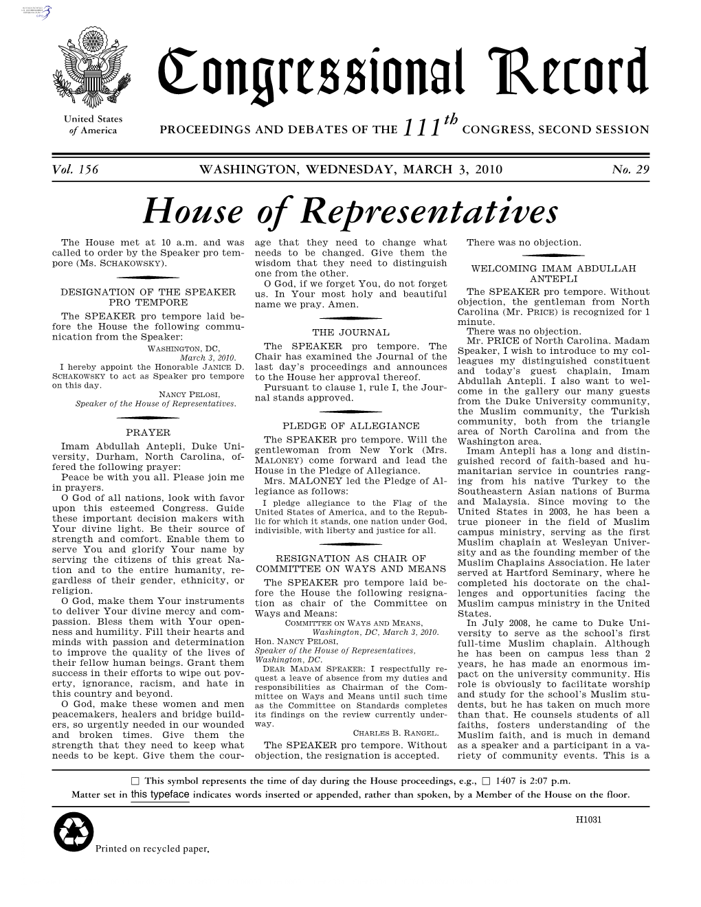 Congressional Record United States Th of America PROCEEDINGS and DEBATES of the 111 CONGRESS, SECOND SESSION