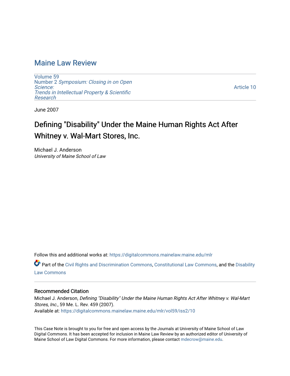 Under the Maine Human Rights Act After Whitney V. Wal-Mart Stores, Inc