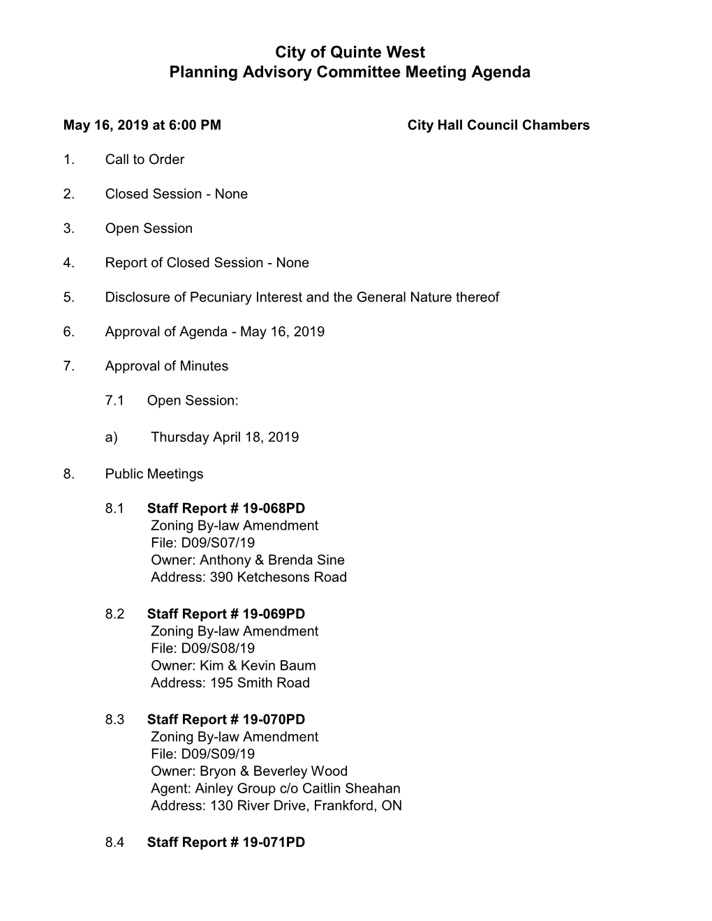 City of Quinte West Planning Advisory Committee Meeting Agenda