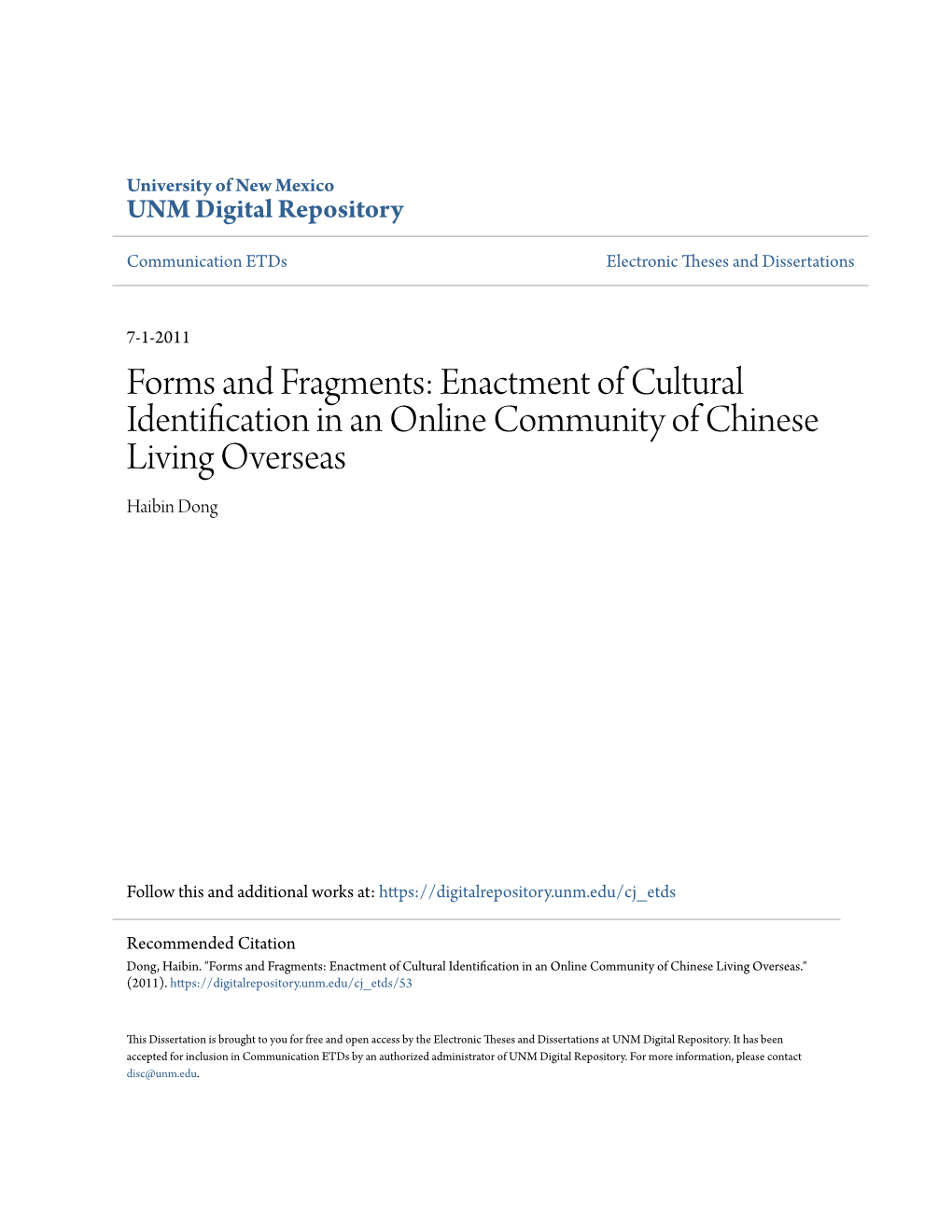 Enactment of Cultural Identification in an Online Community of Chinese Living Overseas Haibin Dong