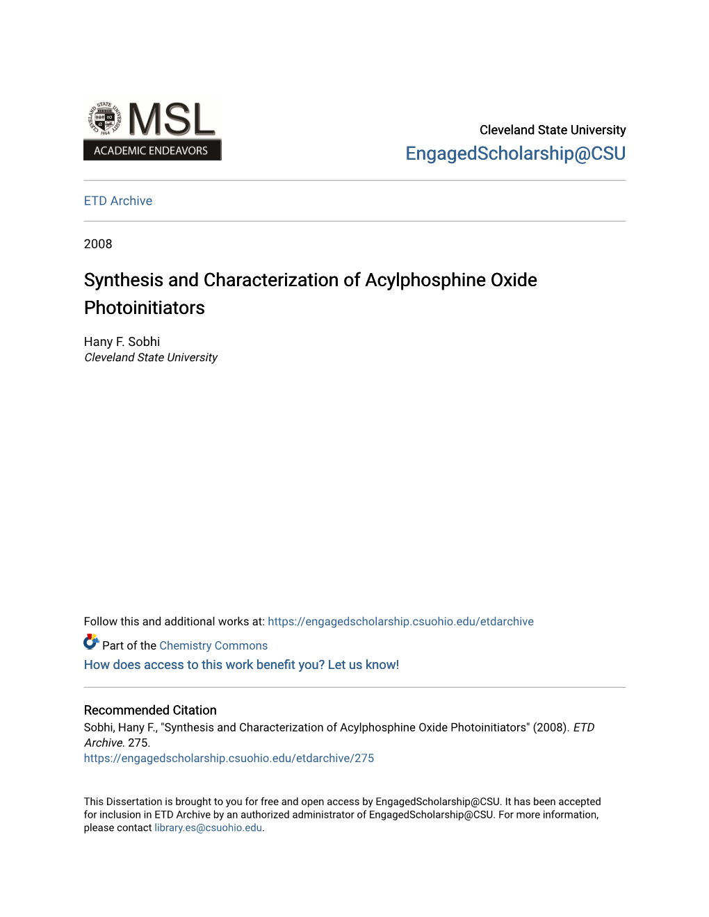 Synthesis and Characterization of Acylphosphine Oxide Photoinitiators