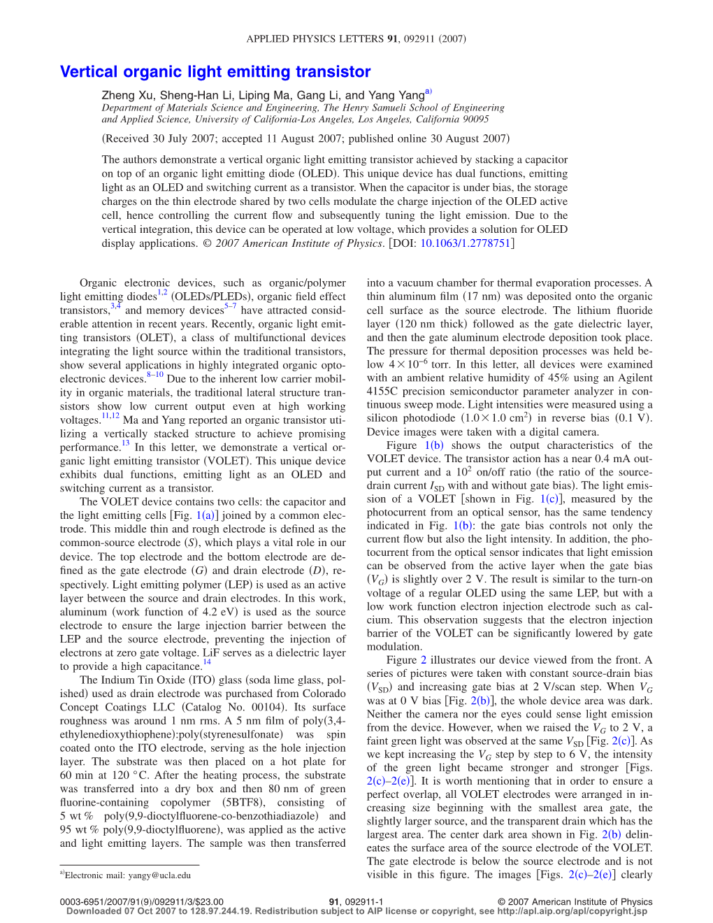 Vertical Organic Light Emitting Transistor