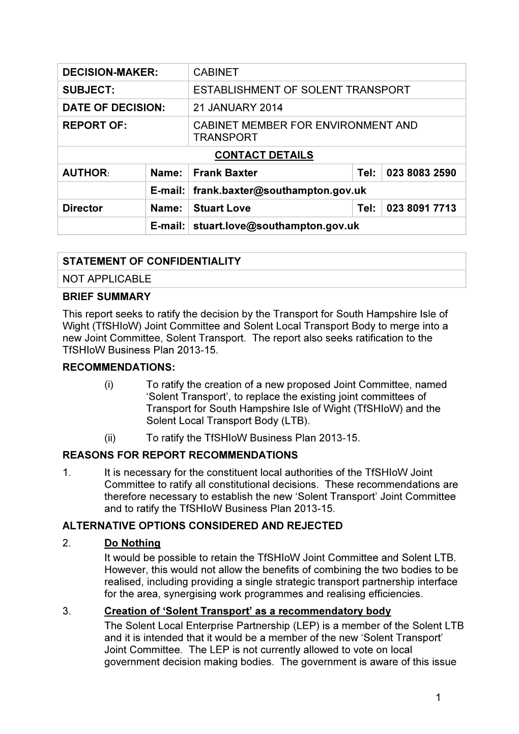 Establishment of Solent Transport Date of Decision