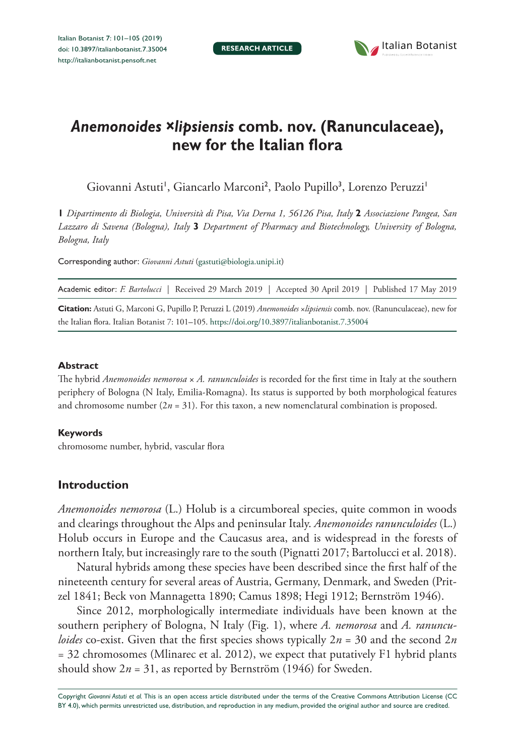 Anemonoides ×Lipsiensis Comb. Nov. (Ranunculaceae), New for the Italian Flora