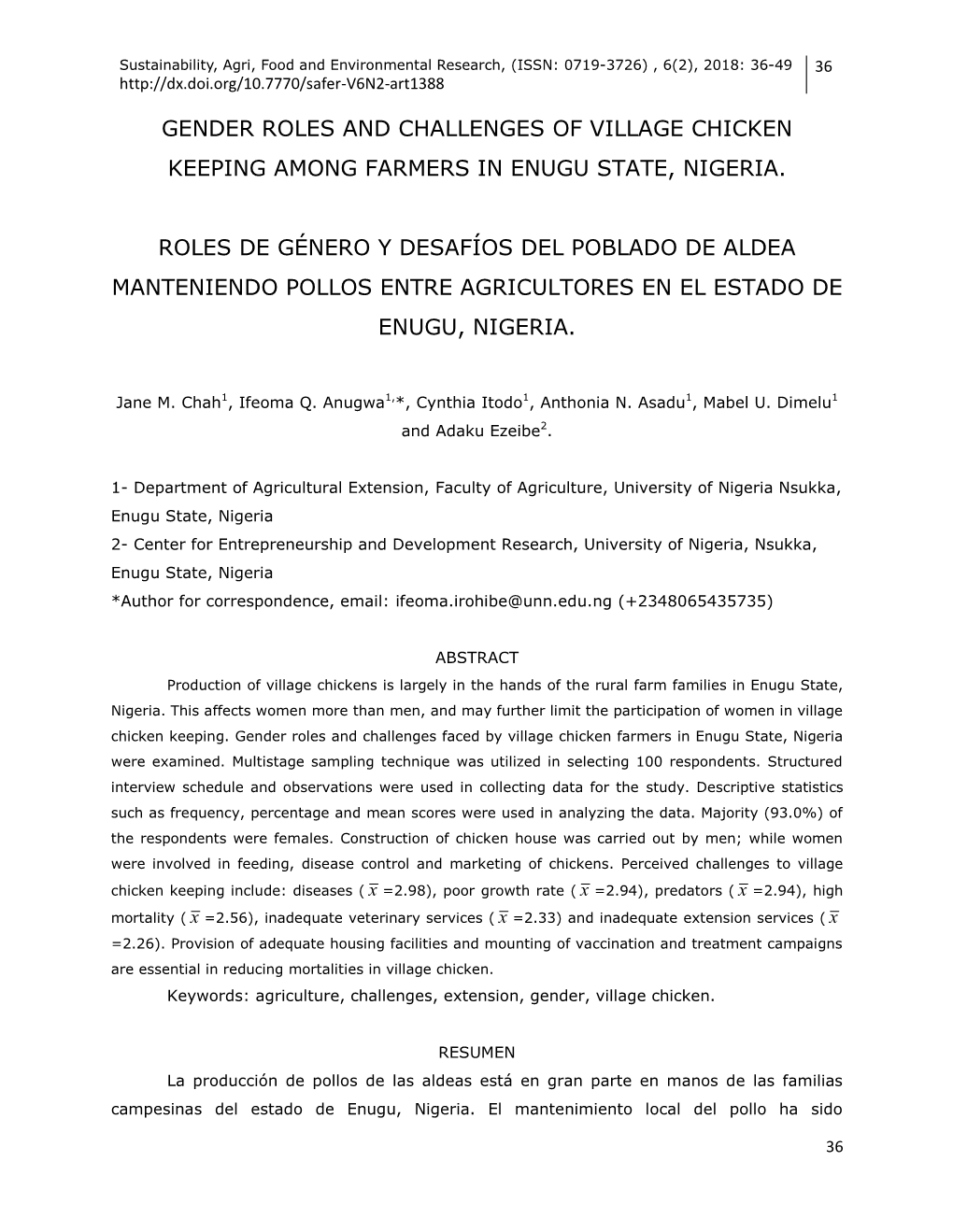 Gender Roles and Challenges of Village Chicken Keeping Among Farmers in Enugu State, Nigeria