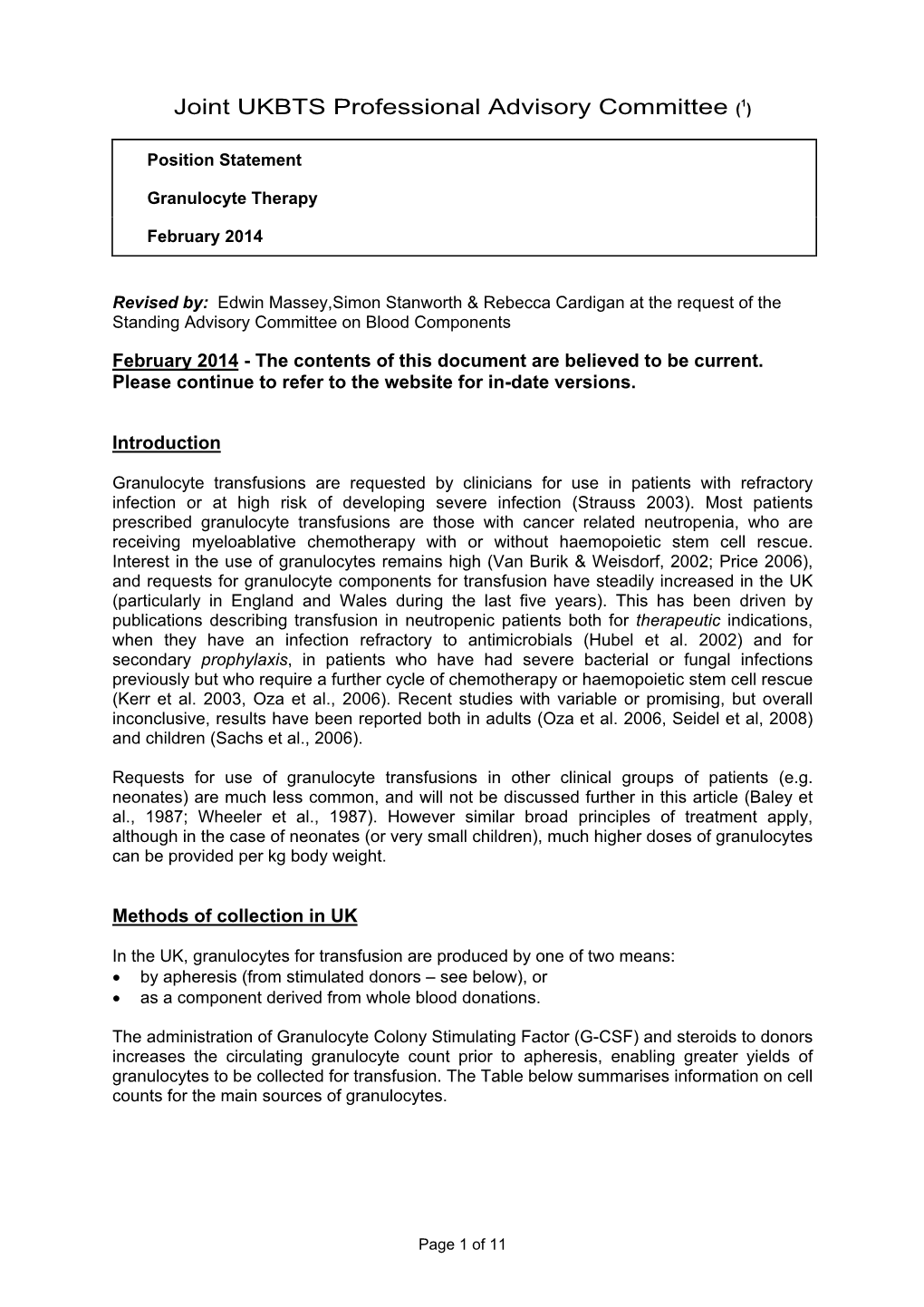 Position Statement on Granulocyte Therapy February 2014