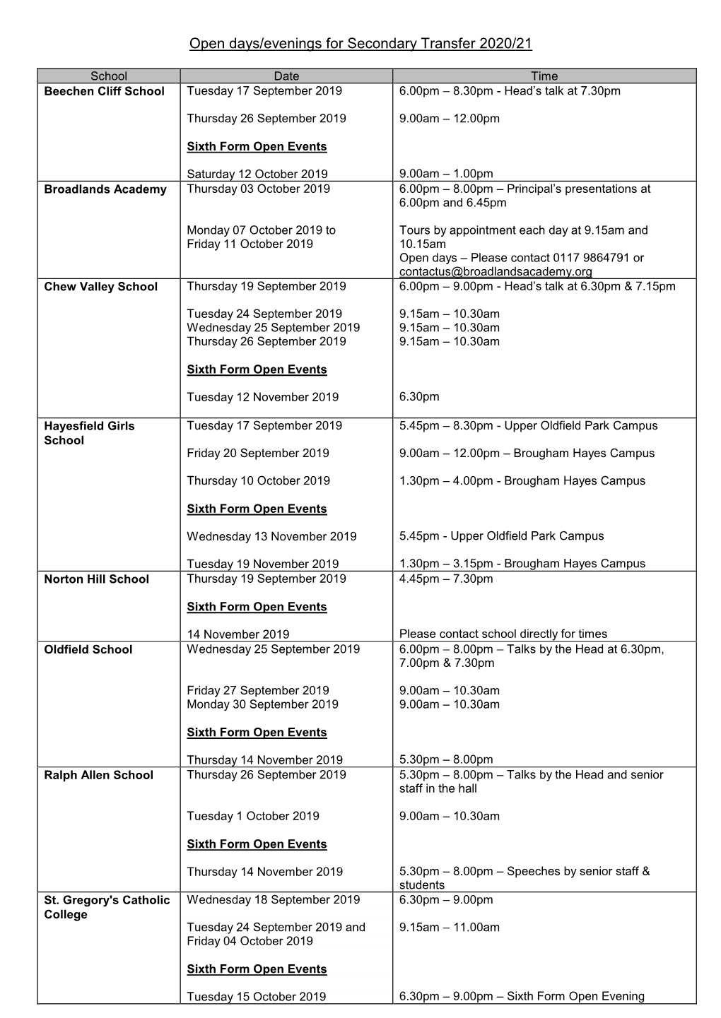 Open Days/Evenings for Secondary Transfer 2020/21