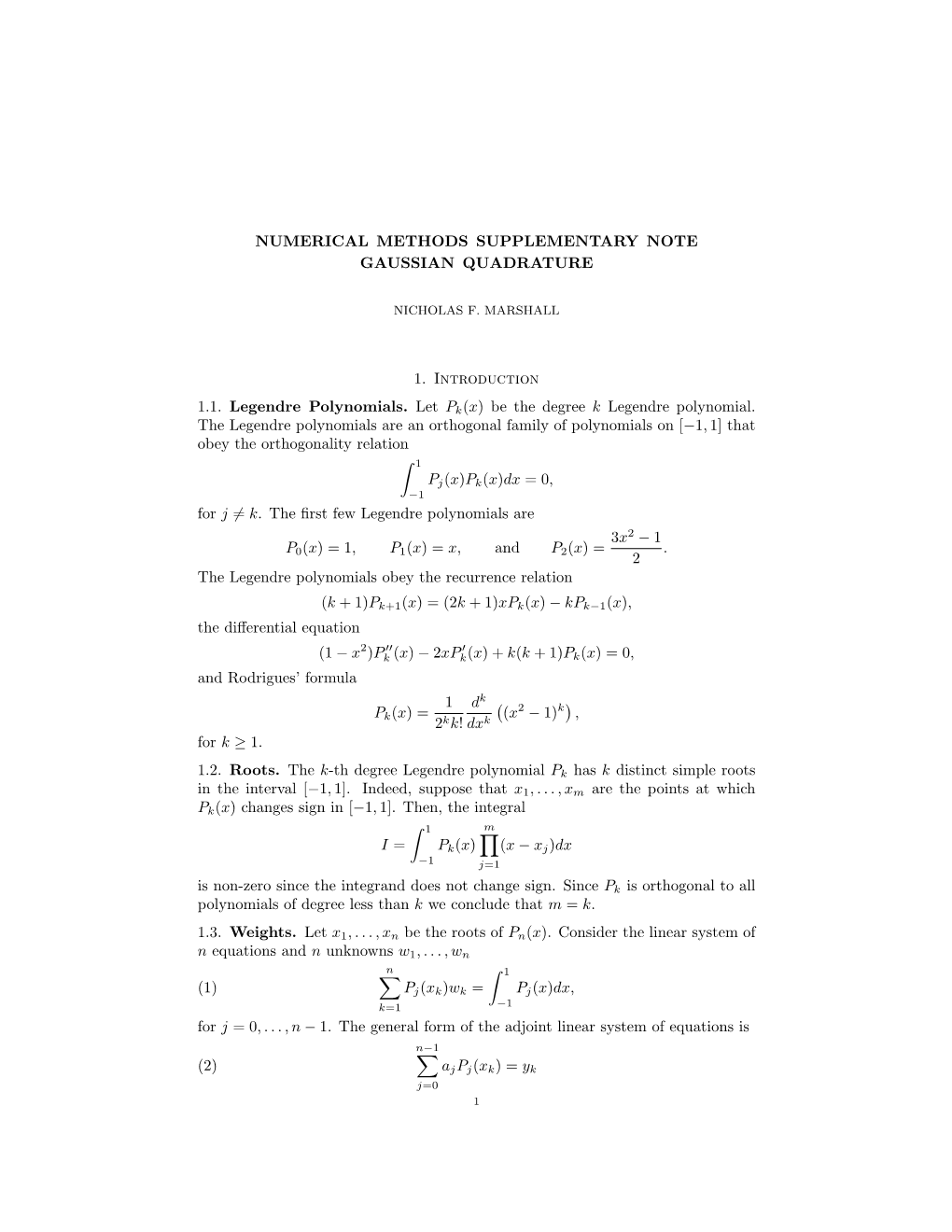 Numerical Methods Supplementary Note Gaussian Quadrature