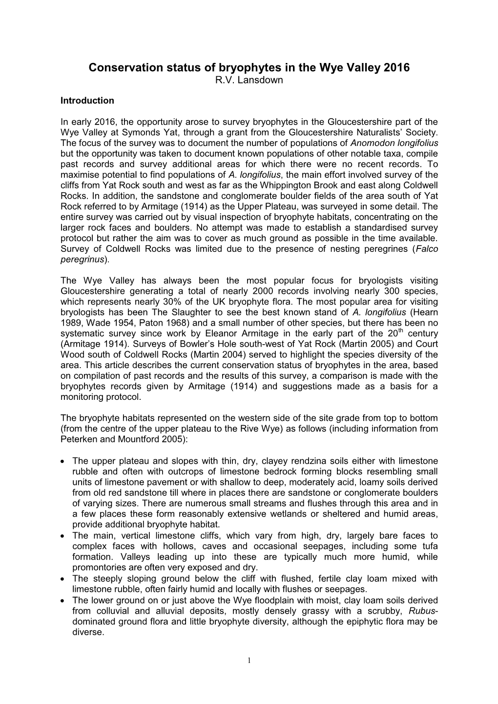 Conservation Status of Bryophytes in the Wye Valley 2016 R.V