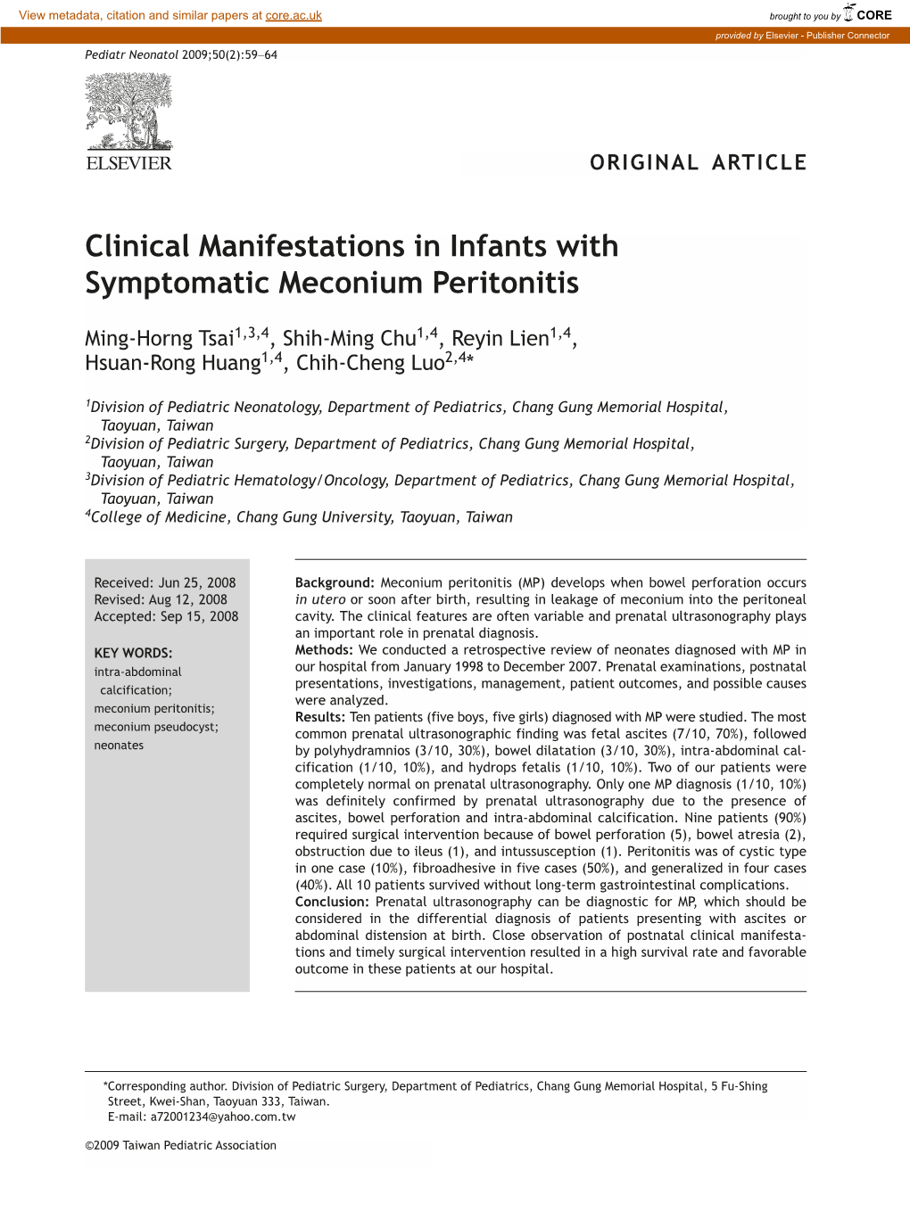 Clinical Manifestations in Infants with Symptomatic Meconium Peritonitis