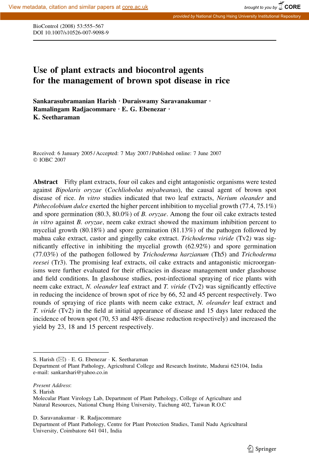 Use of Plant Extracts and Biocontrol Agents for the Management of Brown Spot Disease in Rice