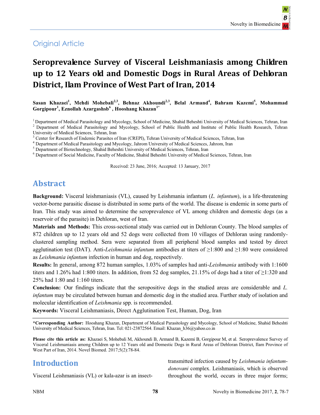 Seroprevalence Survey of Visceral Leishmaniasis Among Children Up