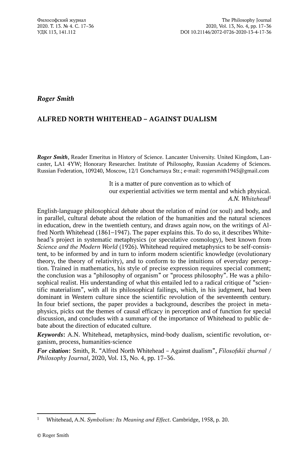 Roger Smith ALFRED NORTH WHITEHEAD – AGAINST DUALISM