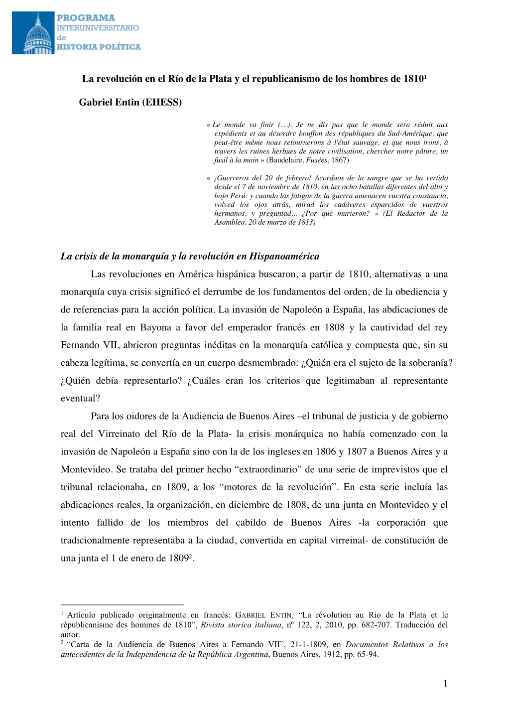 Entin, Gabriel (2010). La Revolución En El Río De La Plata Y