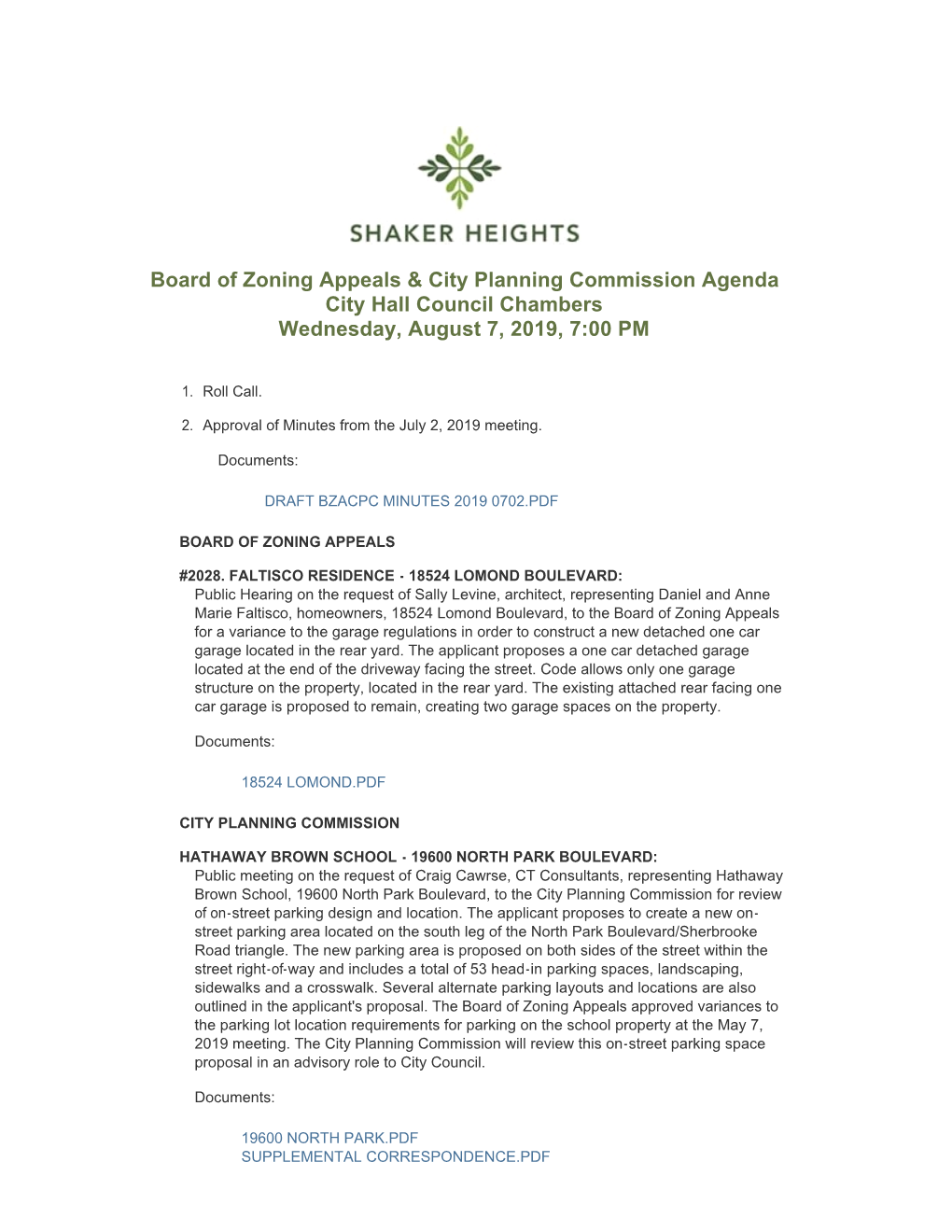 Board of Zoning Appeals & City Planning Commission Agenda City