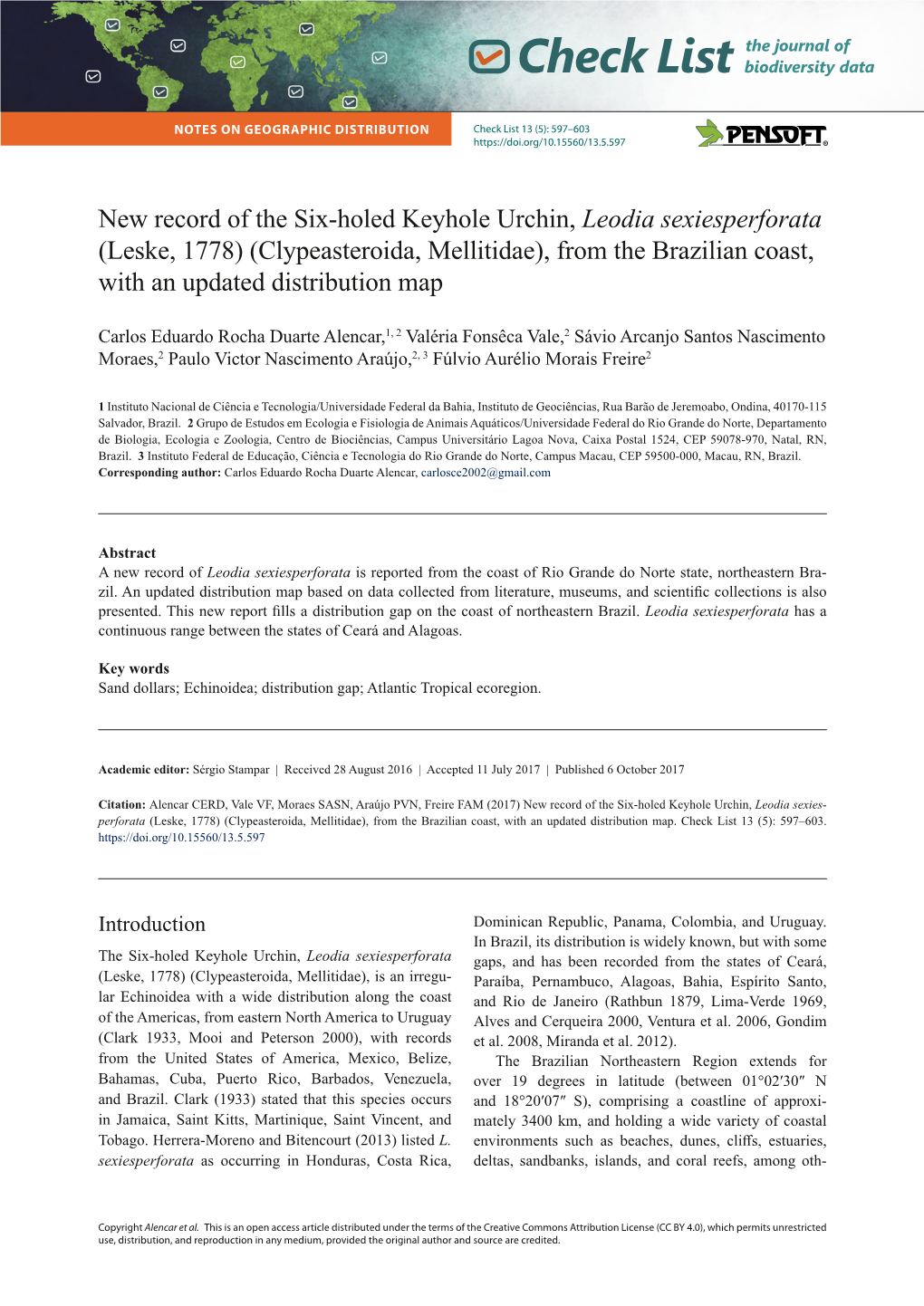 New Record of the Six-Holed Keyhole Urchin, Leodia Sexiesperforata