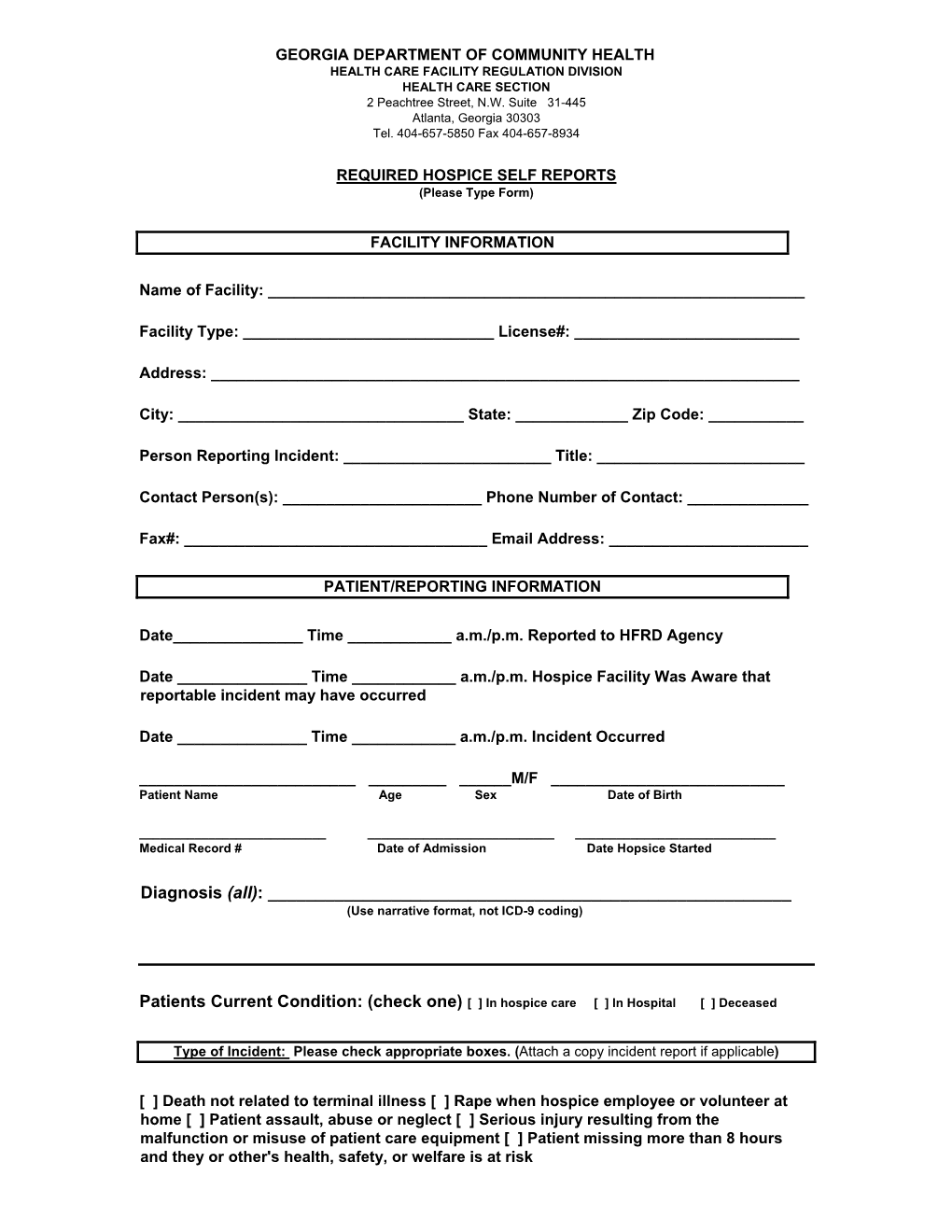 Hospice Self Report Form