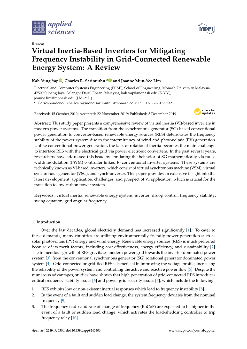 Virtual Inertia-Based Inverters for Mitigating Frequency Instability in Grid-Connected Renewable Energy System: a Review