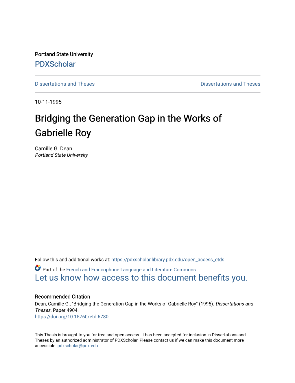 Bridging the Generation Gap in the Works of Gabrielle Roy