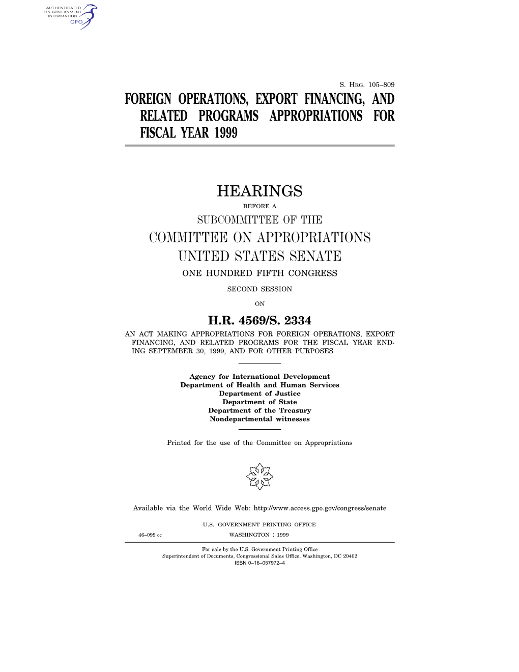 Foreign Operations, Export Financing, and Related Programs Appropriations for Fiscal Year 1999