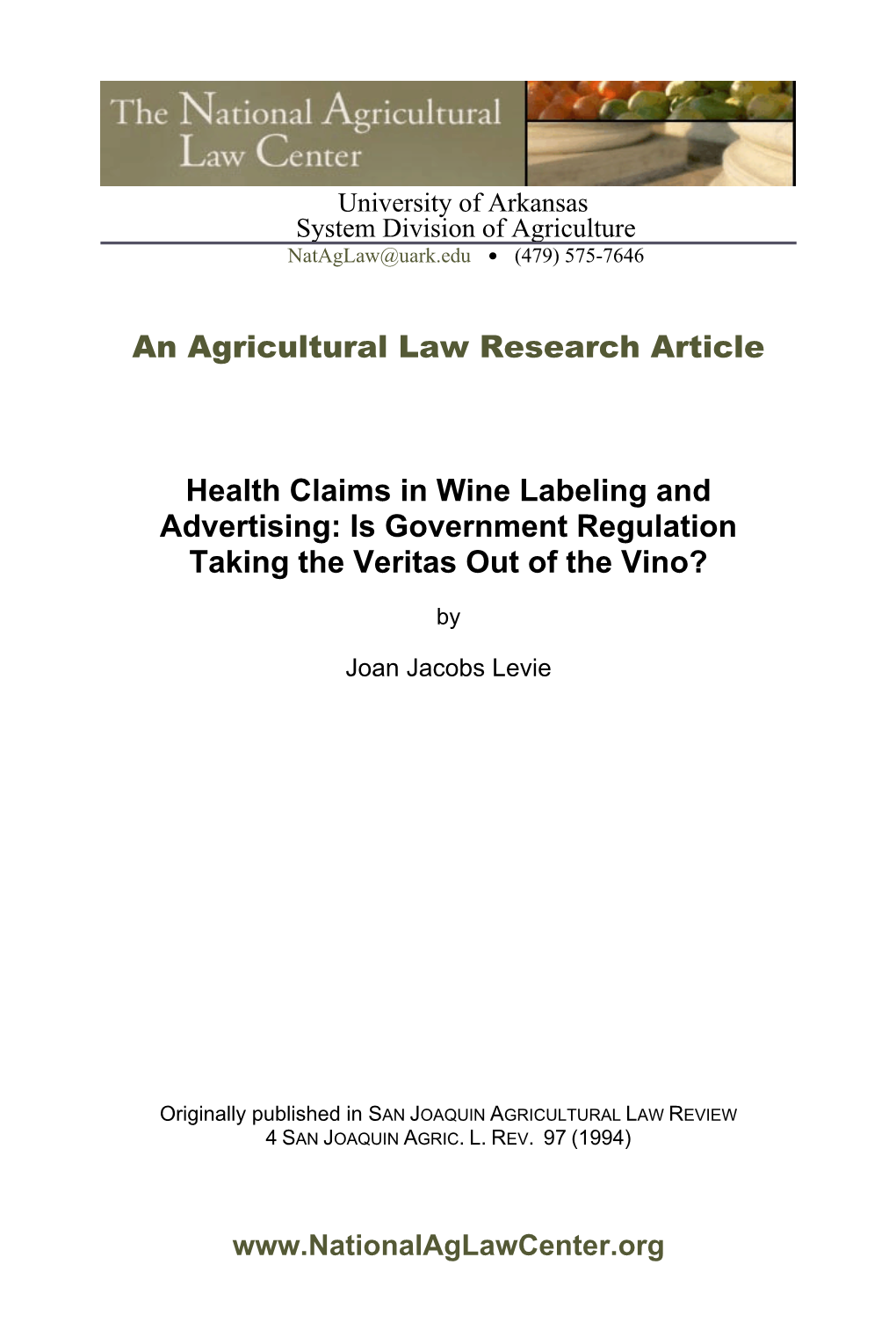 An Agricultural Law Research Article Health Claims in Wine Labeling