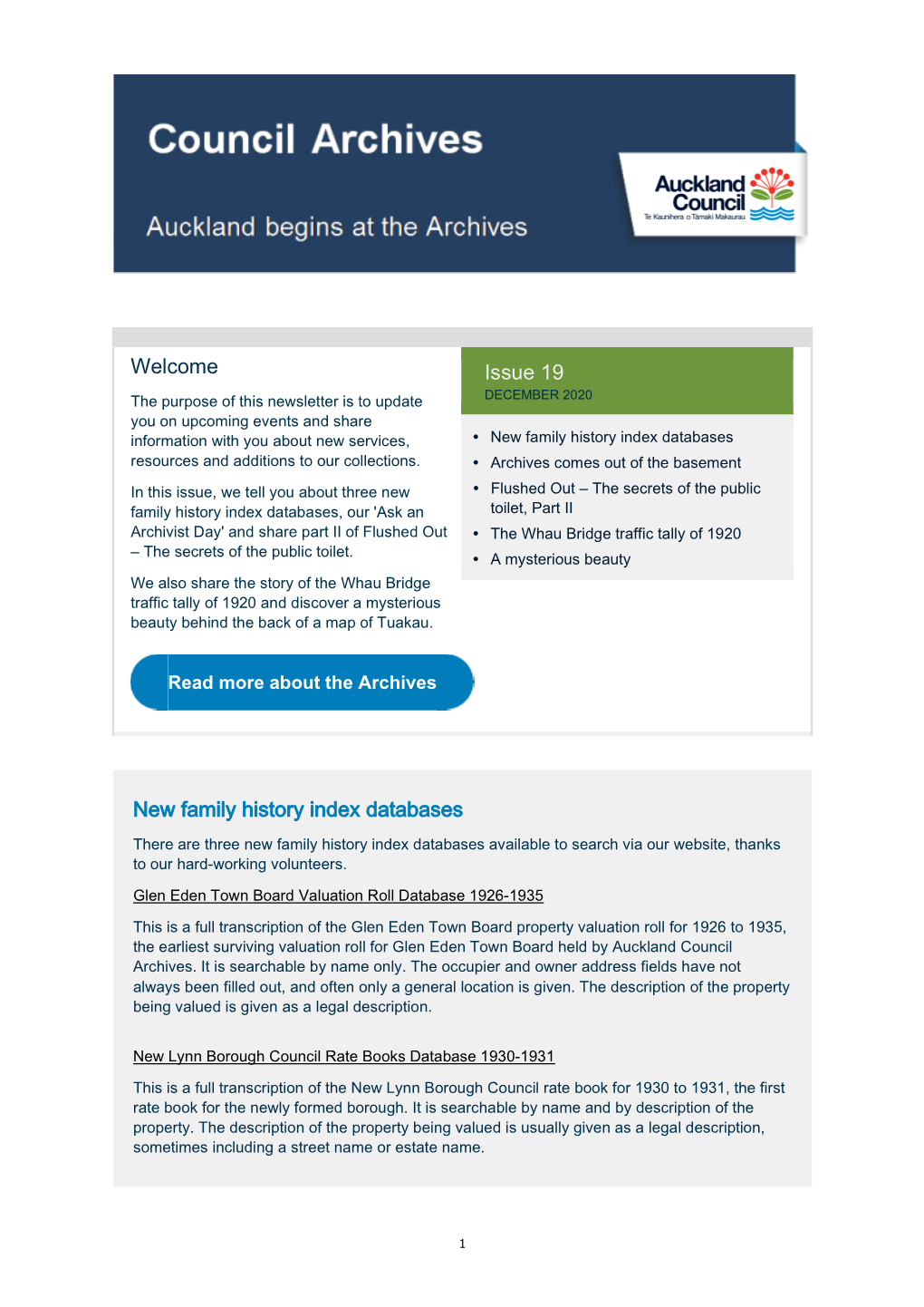 Auckland Council Archives Newsletter, December 2020 PDF