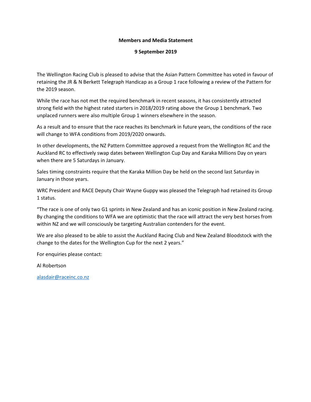 Members and Media Statement 9 September 2019 the Wellington