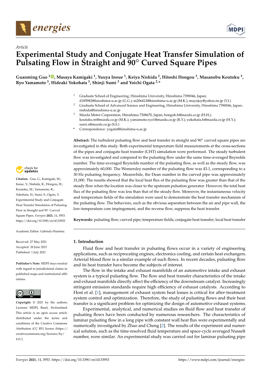 Experimental Study and Conjugate Heat Transfer Simulation of Pulsating Flow in Straight and 90◦ Curved Square Pipes