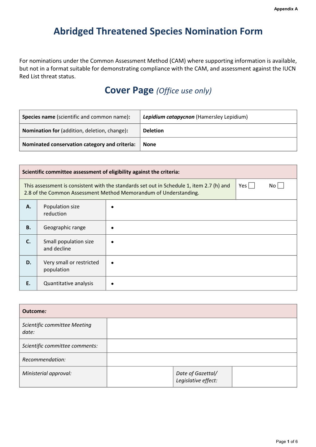 Abridged Threatened Species Nomination Form