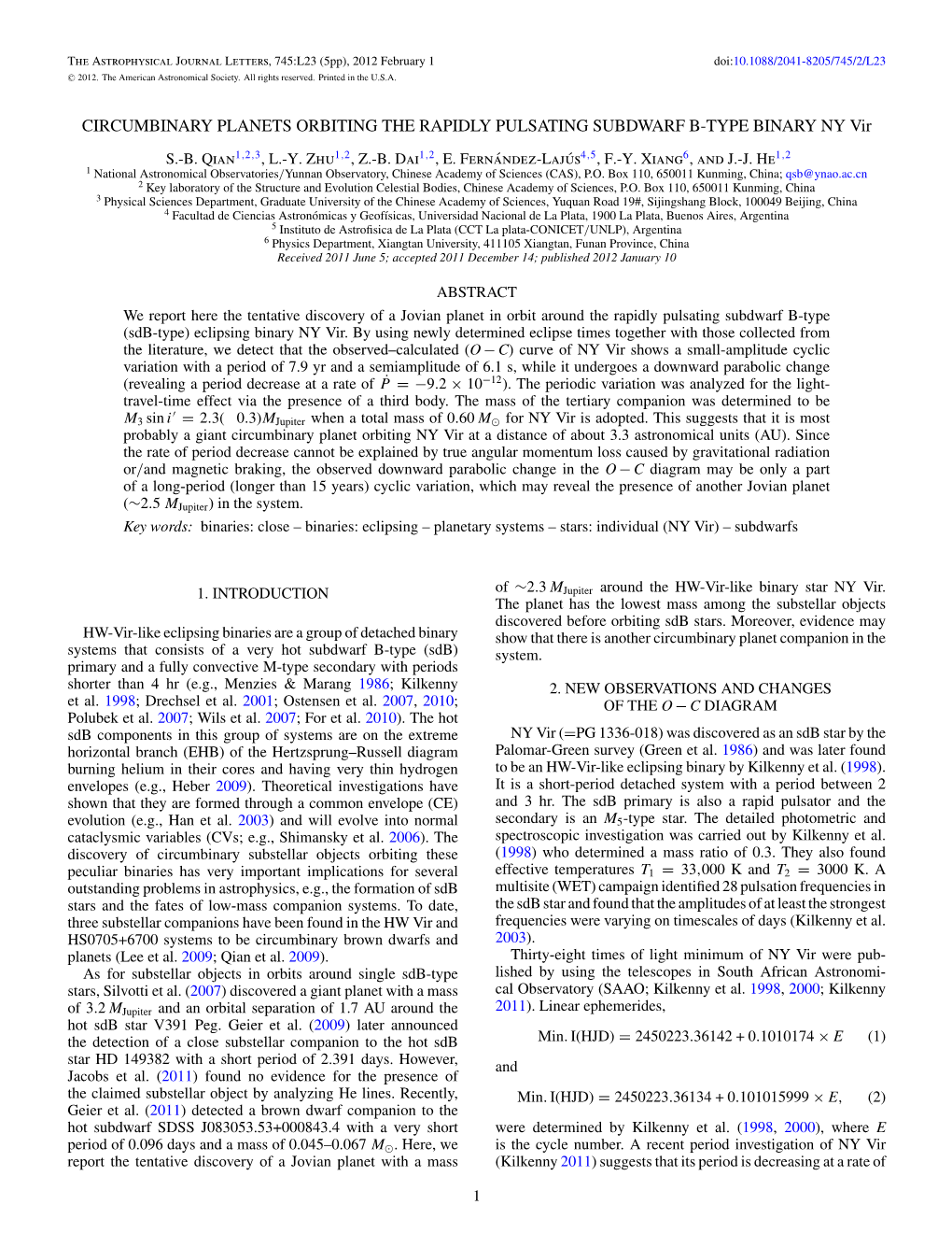 CIRCUMBINARY PLANETS ORBITING the RAPIDLY PULSATING SUBDWARF B-TYPE BINARY NY Vir