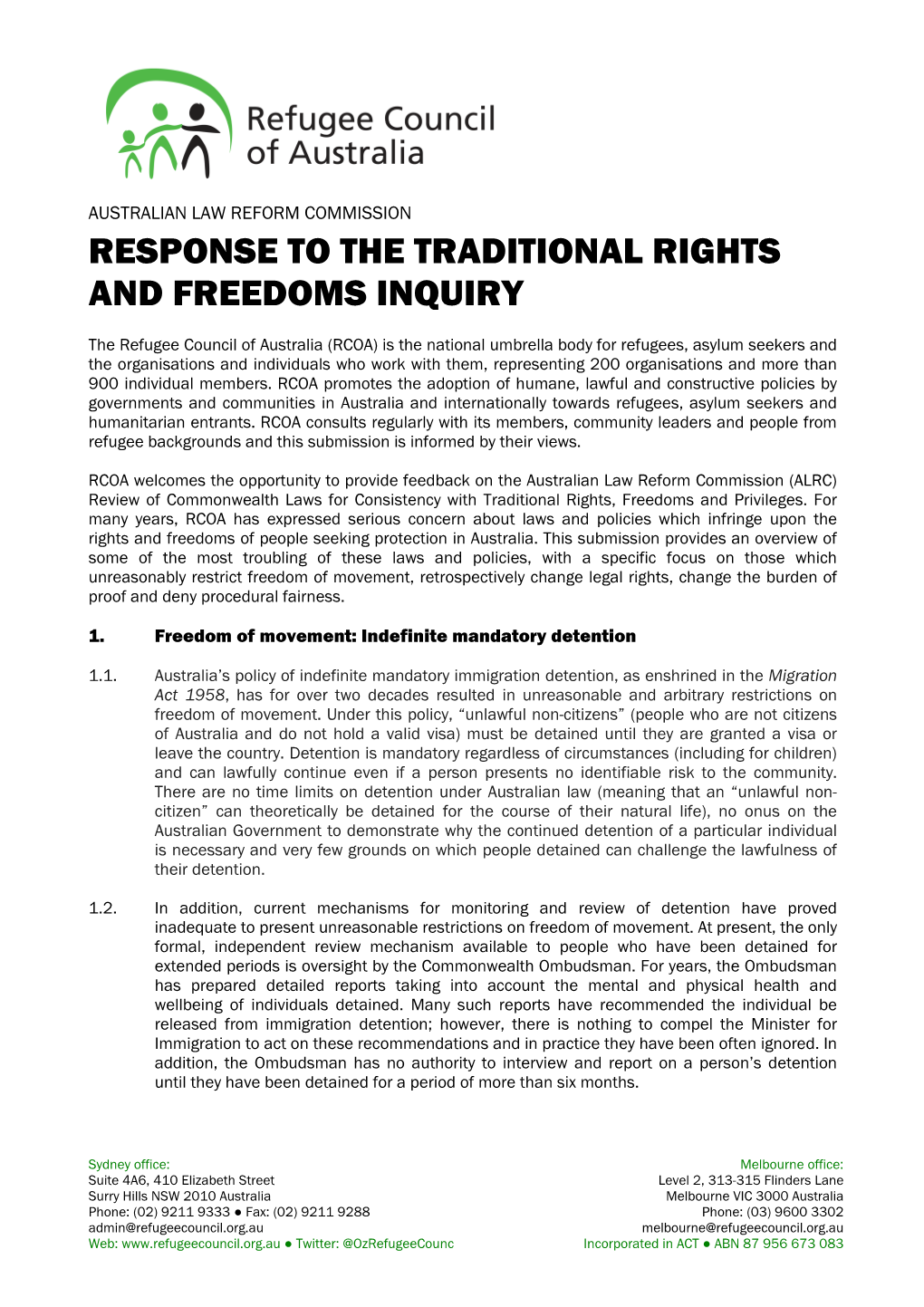 Response to the Traditional Rights and Freedoms Inquiry