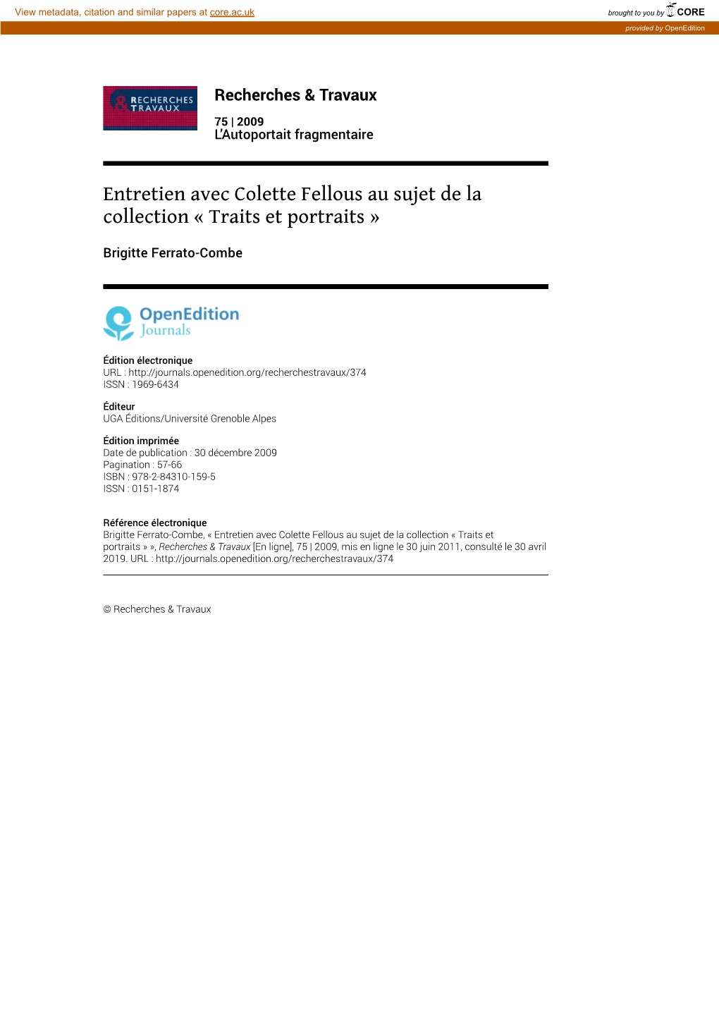 Entretien Avec Colette Fellous Au Sujet De La Collection « Traits Et Portraits »