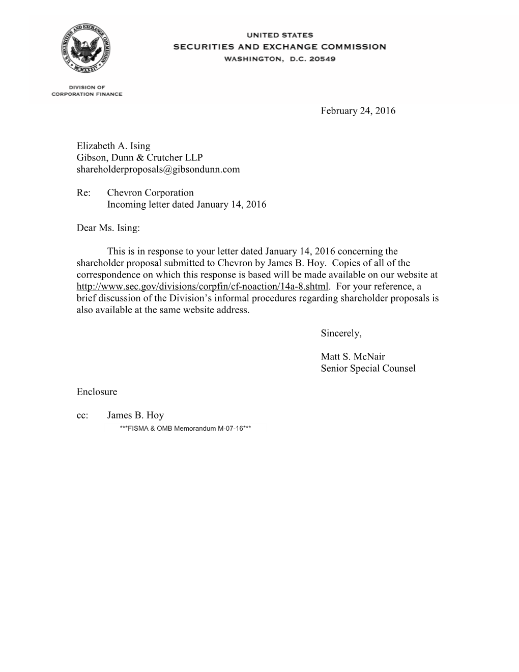 Chevron Corporation Incoming Letter Dated January 14, 2016