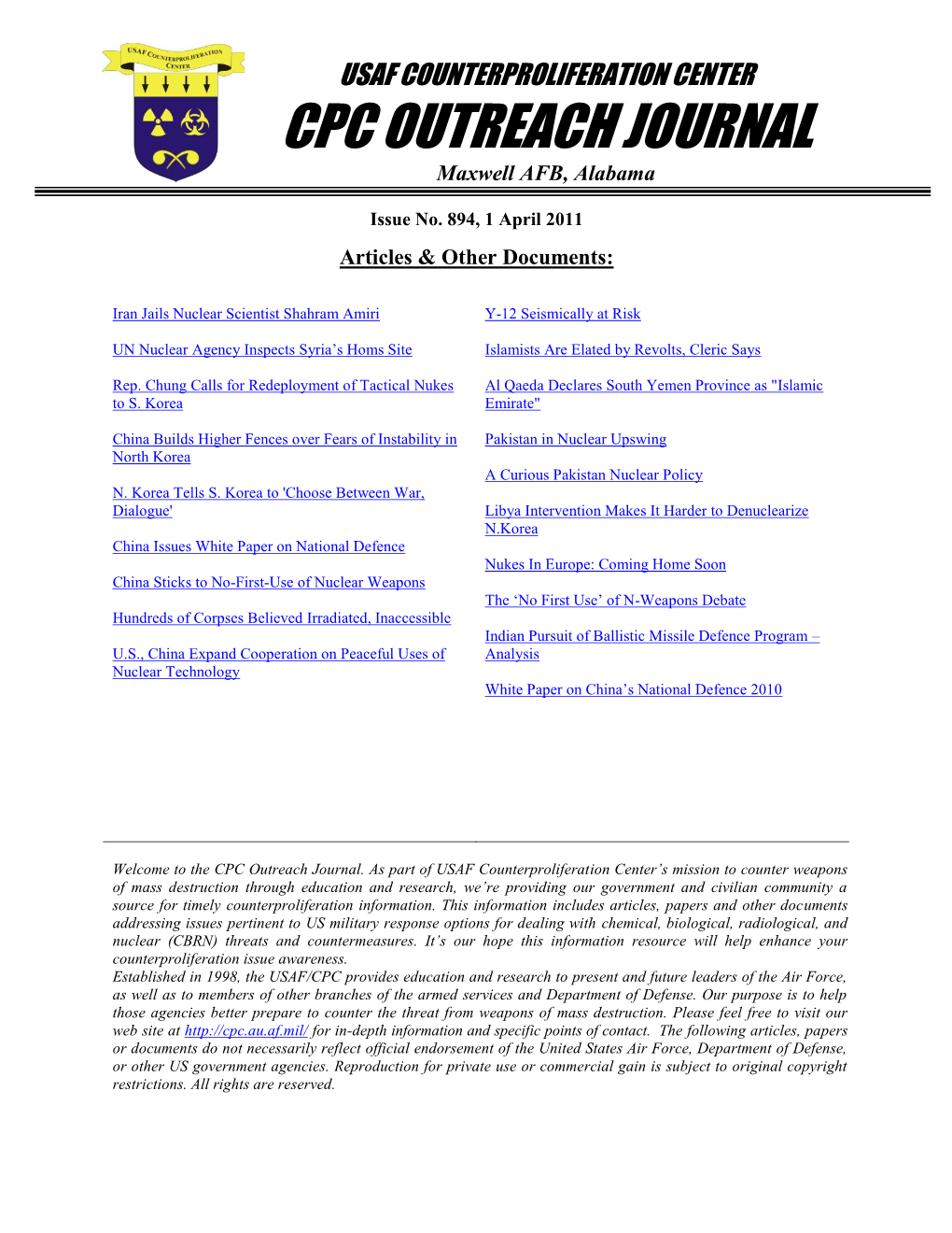 USAF Counterproliferation Center CPC Outreach Journal #894