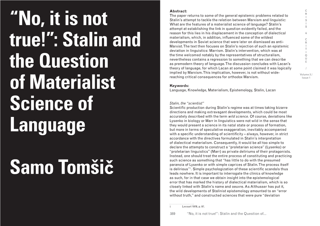 “No, It Is Not True!”: Stalin and the Question of Materialist Science Of