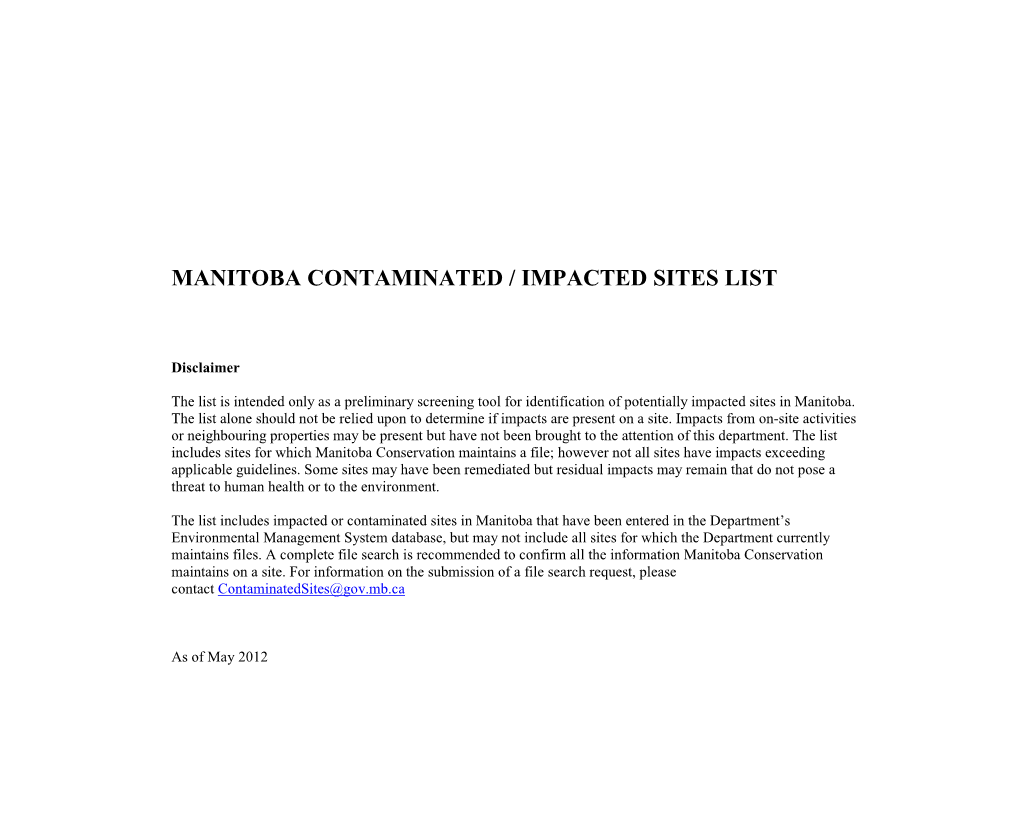 Manitoba Contaminated / Impacted Sites List