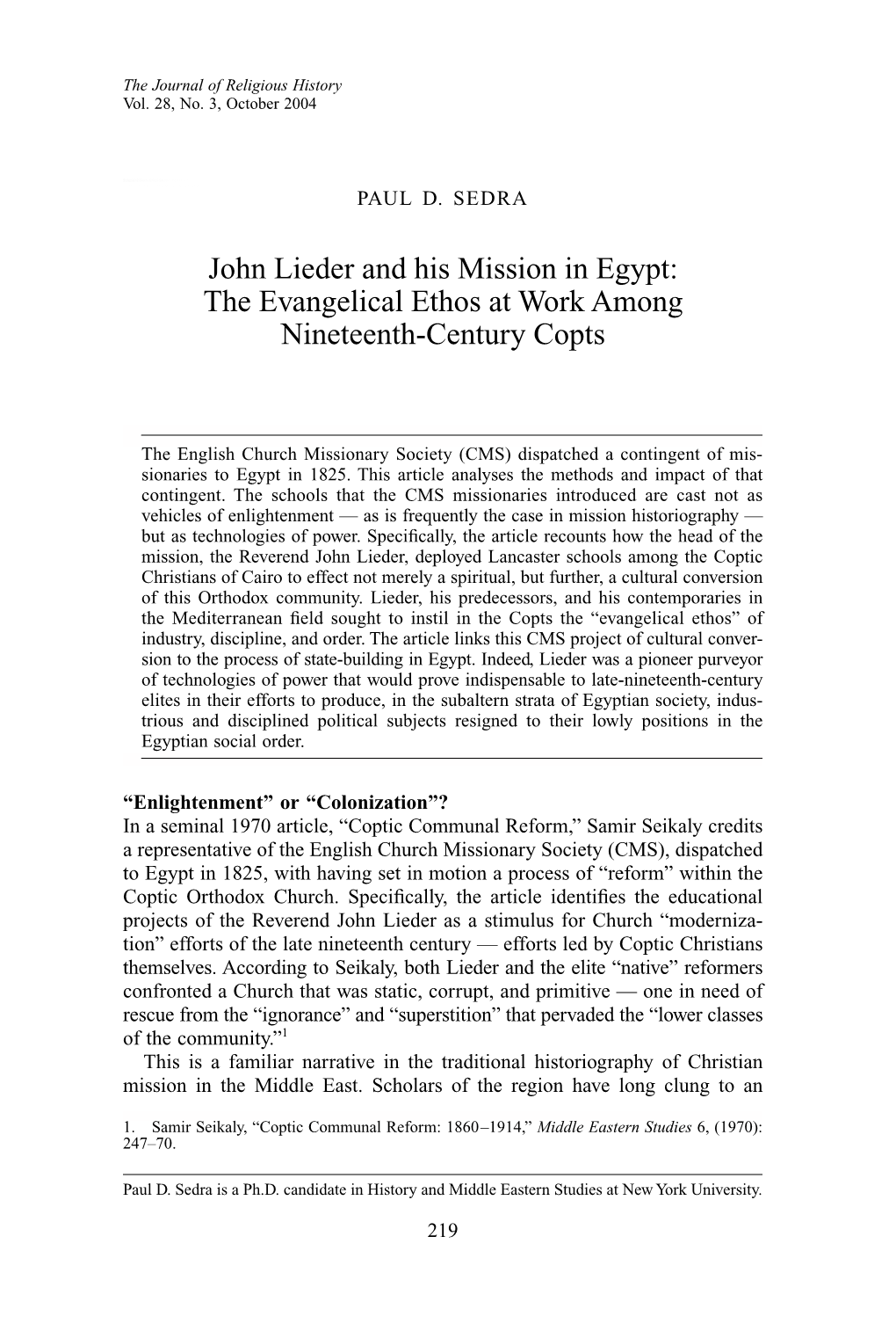 JOHN LIEDER and HIS MISSION in EGYPT PAUL D