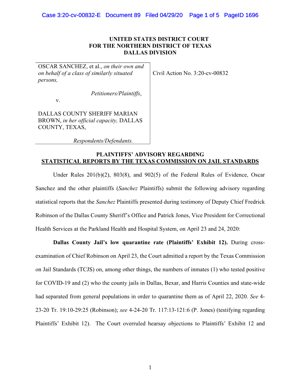 Case 3:20-Cv-00832-E Document 89 Filed 04/29/20 Page 1 of 5 Pageid 1696