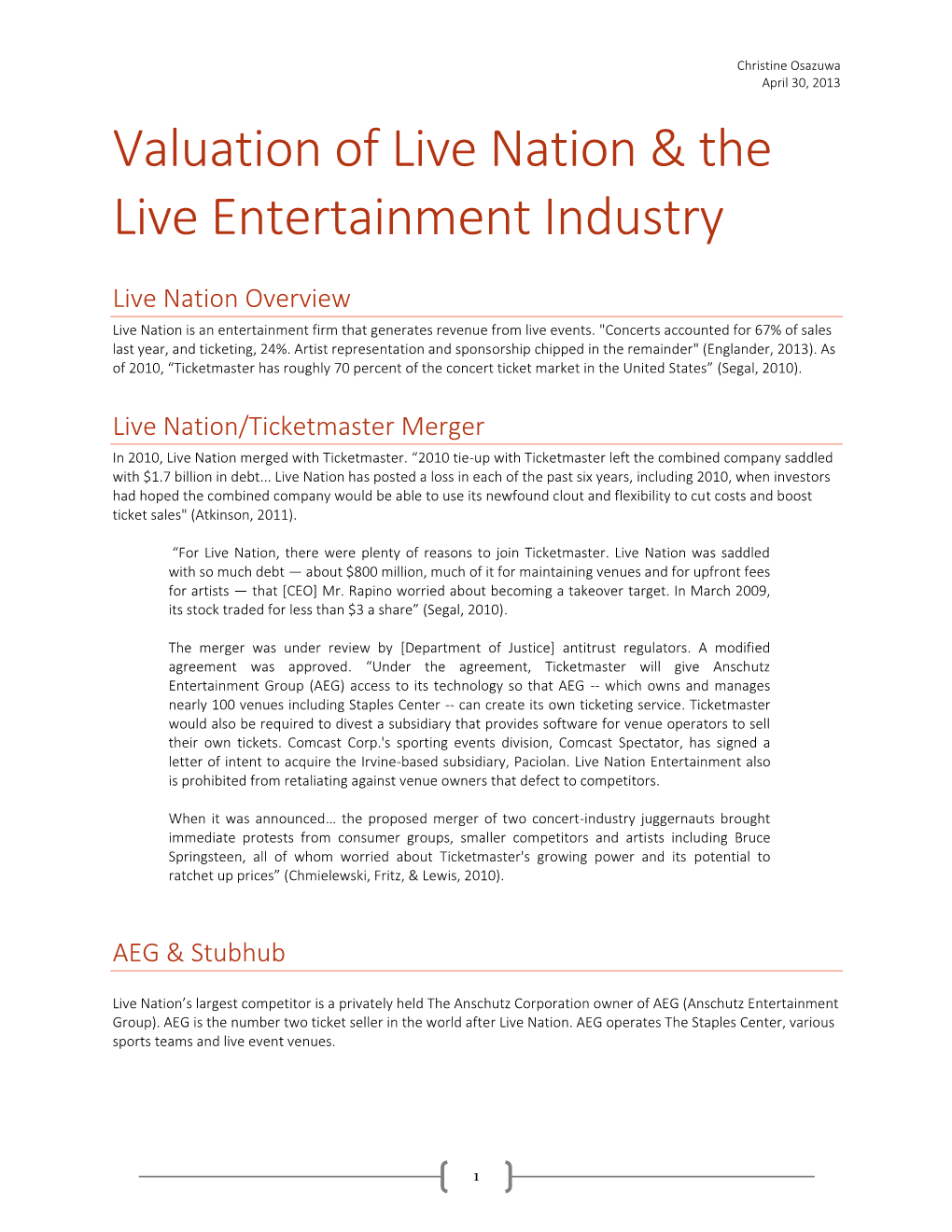 Valuation of Live Nation & the Live Entertainment Industry