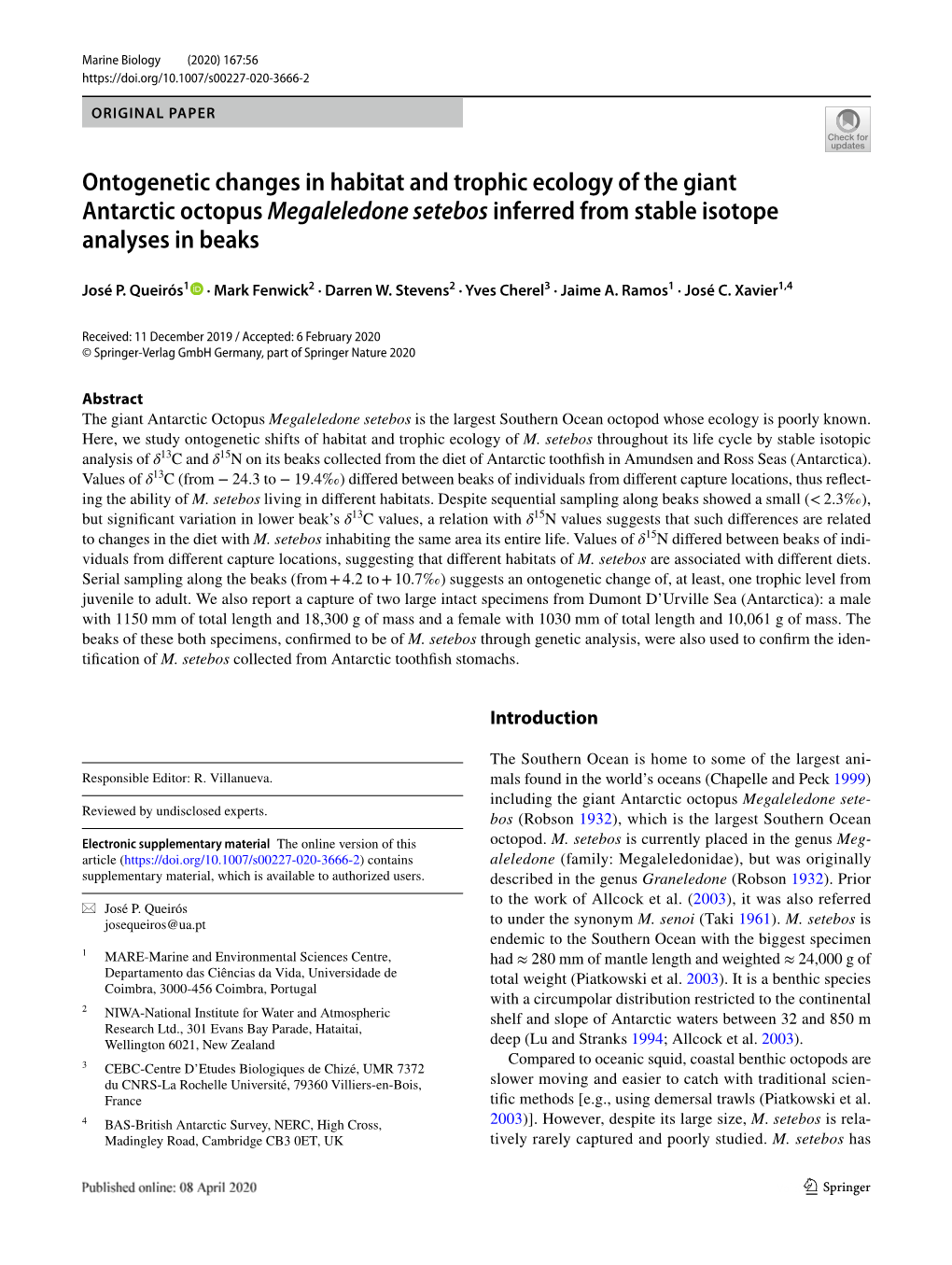 Ontogenetic Changes in Habitat and Trophic Ecology of the Giant Antarctic Octopus Megaleledone Setebos Inferred from Stable Isotope Analyses in Beaks