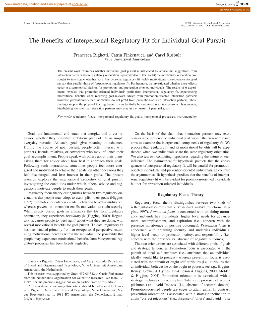 The Benefits of Interpersonal Regulatory Fit for Individual Goal Pursuit