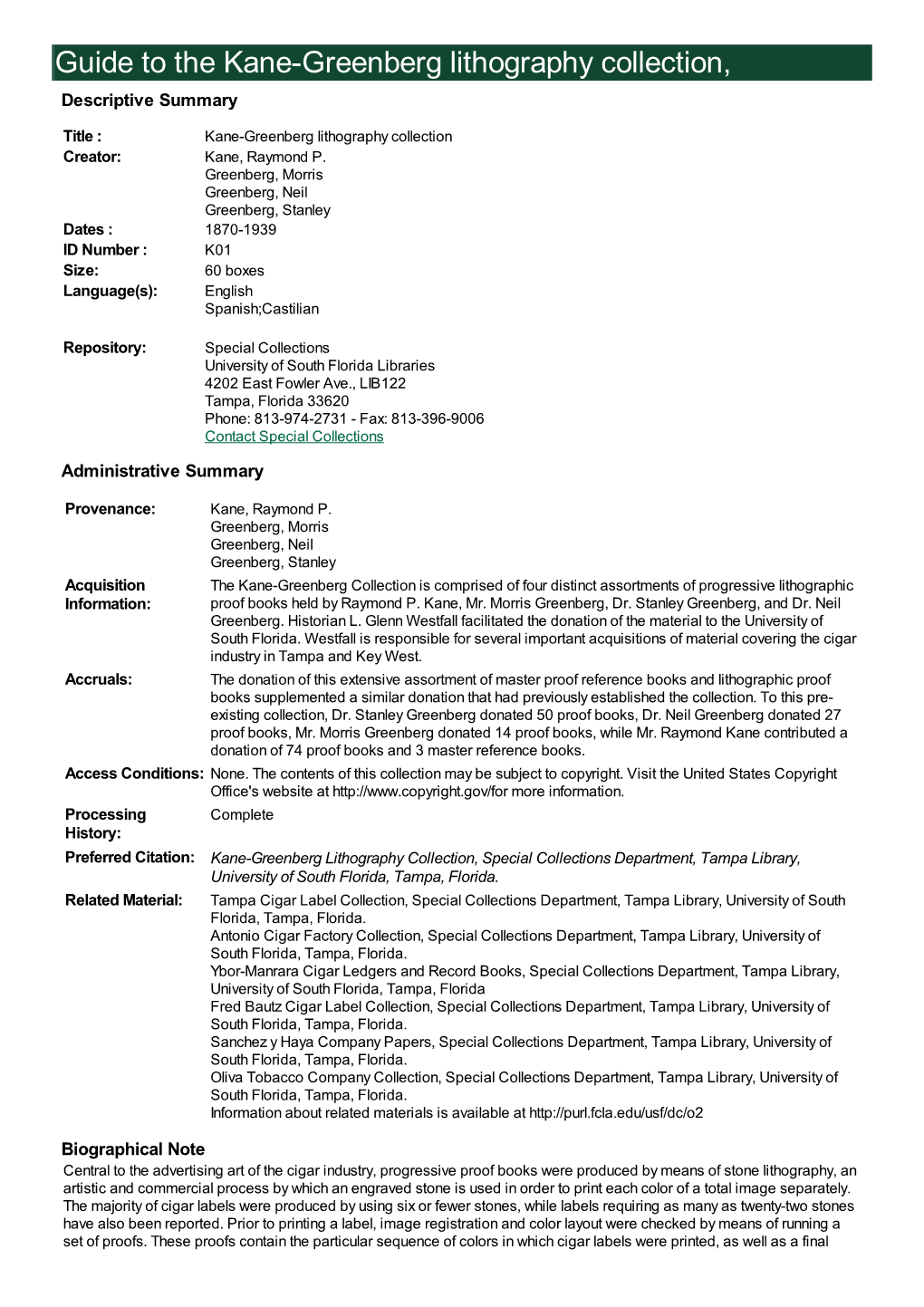 Guide to the Kane-Greenberg Lithography Collection, Descriptive Summary