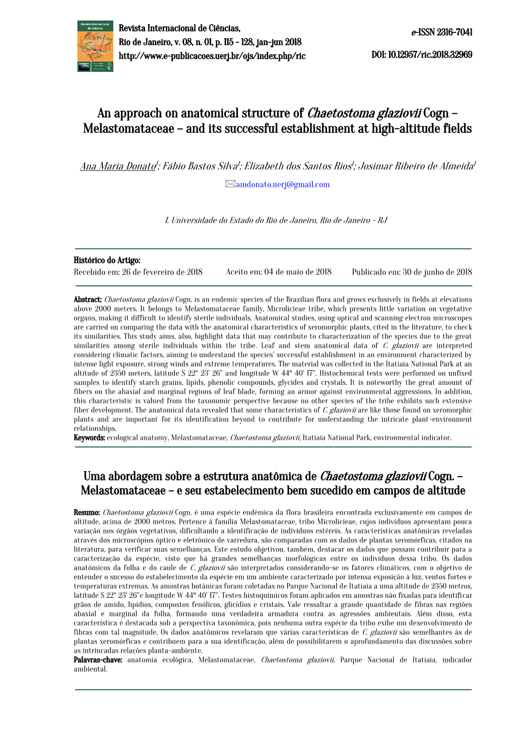 An Approach on Anatomical Structure of Chaetostoma Glaziovii Cogn – Melastomataceae – and Its Successful Establishment at High-Altitude Fields