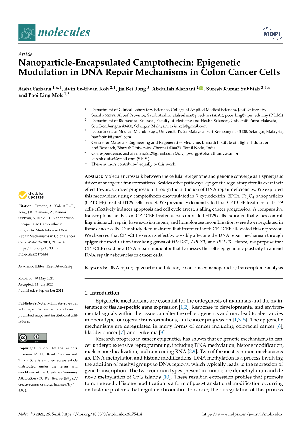 Epigenetic Modulation in DNA Repair Mechanisms in Colon Cancer Cells