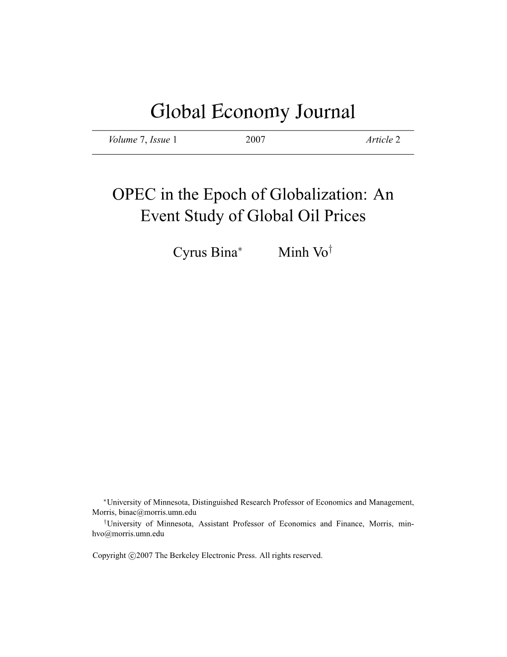 OPEC in the Epoch of Globalization: an Event Study of Global Oil Prices
