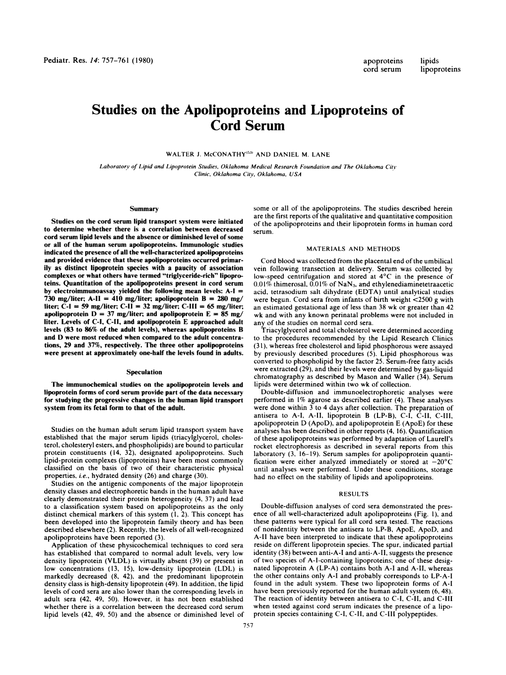 Studies on the Apolipoproteins and Lipoproteins of Cord Serum