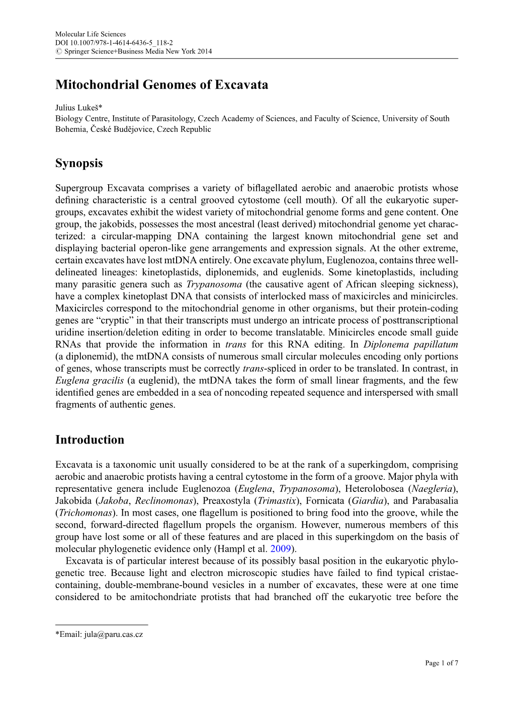 Mitochondrial Genomes of Excavata