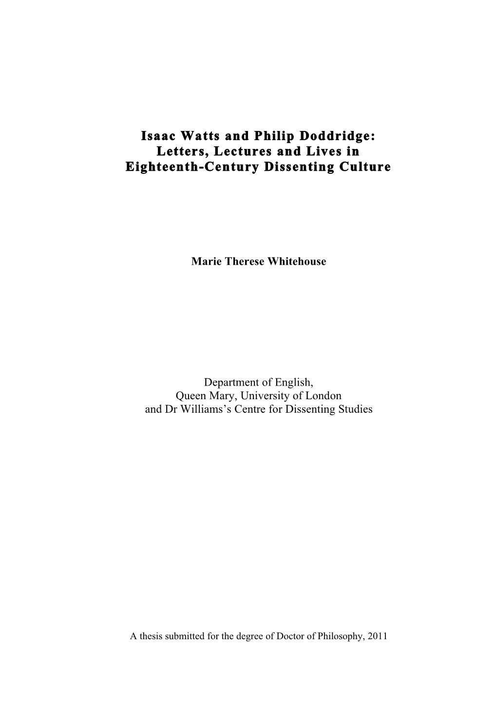 Isaac Watts and Philip Doddridge: Letters, Lectures and Lives in Eighteenth-Century Dissenting Culture