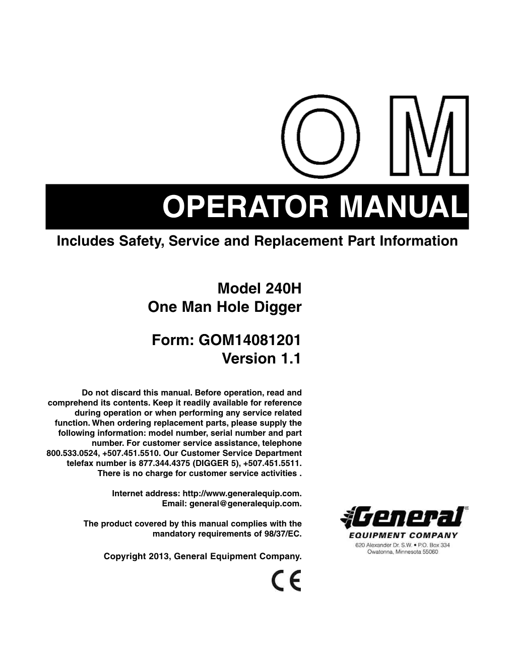 M240H One Man Hole Digger Operator Manual